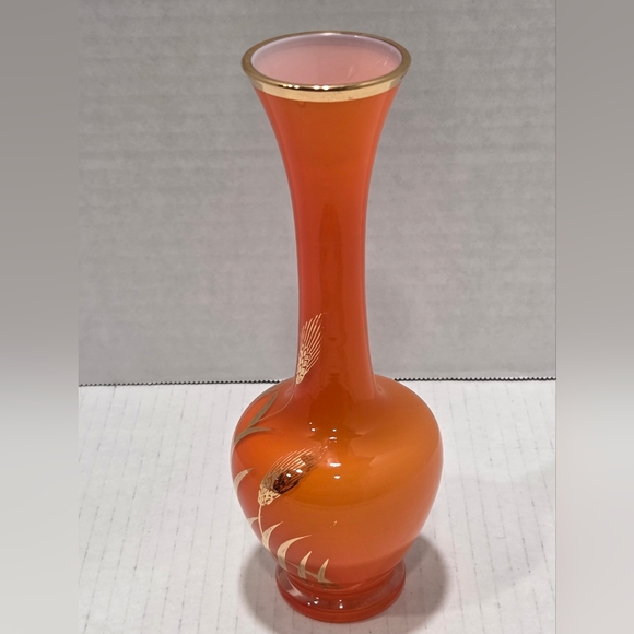 Vintage Orange Glass Bud Vase Gold Wheat Design - Picture 4 of 8